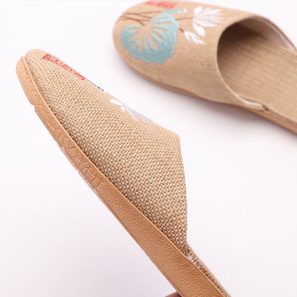 

summer casual slides women men flax slippers chinese embroidery flowers platform sandals flip flops lovers indoor shoes, Black