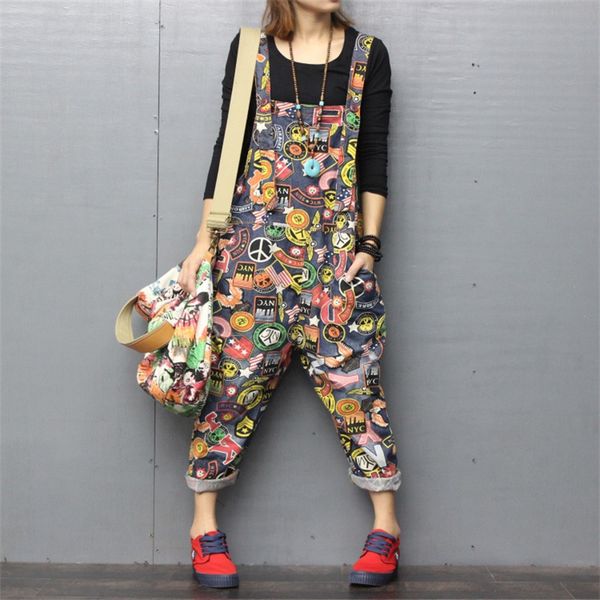 

the new printing denim overalls loose large size women's fashion hole nine points hanging crotch collapse pants jq666, Blue