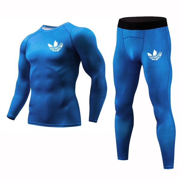 

gym fitness 3d compression sets men long sleeve shirts+tight pants two piece sets workout training tracksuits running suits male, Black;blue