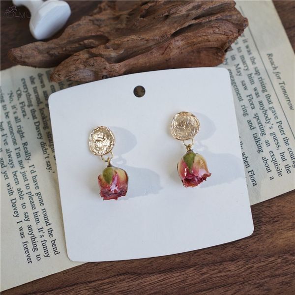 

aomu christmas gentle sweet eternal rose real flower unique love metal drop earrings for women gifts jewelry boucle d'oreille, Silver