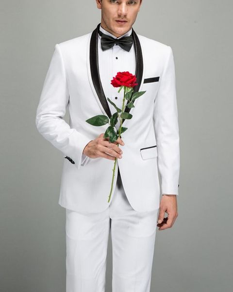 Branco Two Piece Mens Casamento Smoking Xaile Preta Lapela Noivo Vestidos de Festa de Formatura Melhor Homem Blazer Ternos (Jaquetas + Calças)