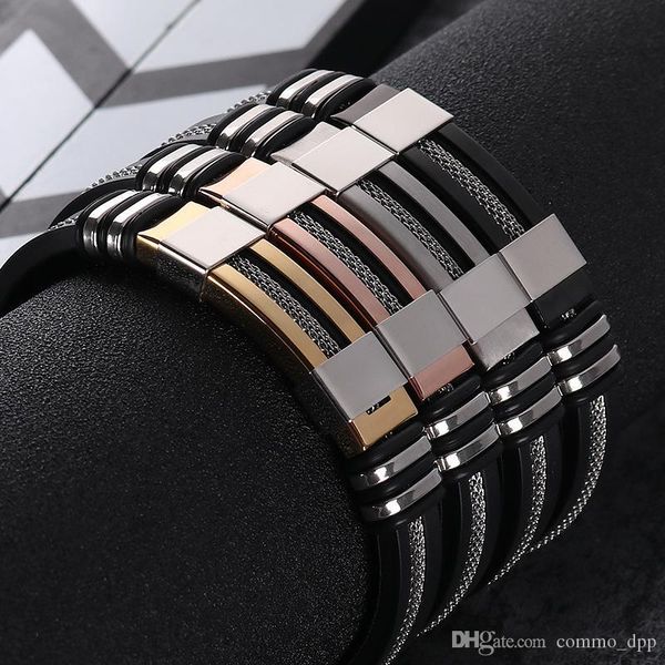 

men's stainless steel silicone black bracelet simple rubber new design punk charm wristband bangle for mens fashion jewelry gift, Golden;silver