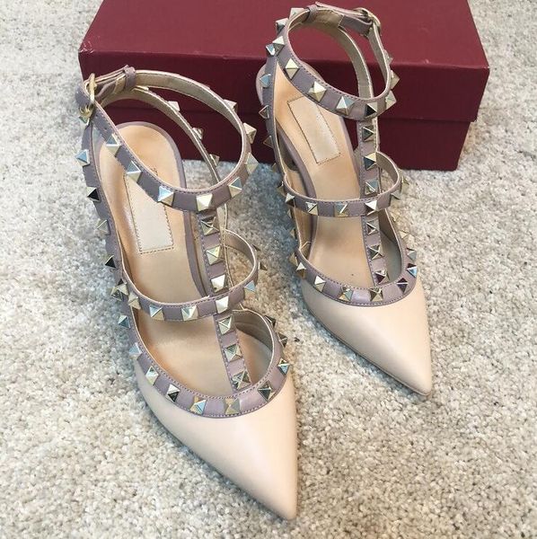

designer fashion stilettos nude matt leather studded spikes strappy wrap ankle high heels shoes come with box dustbag, Black