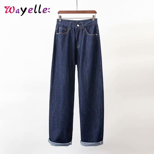 

high waist jeans women autumn 2019 chic full length elastic waist jeans wide leg pants women loose boyfriend for, Blue