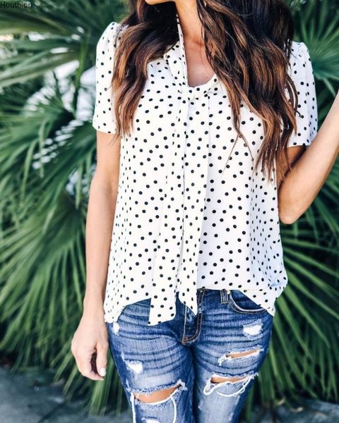 

houthion women's chiffon blouse new fashion temperament polka dot loose bow knot v-neck short sleeve chiffon blouse, White