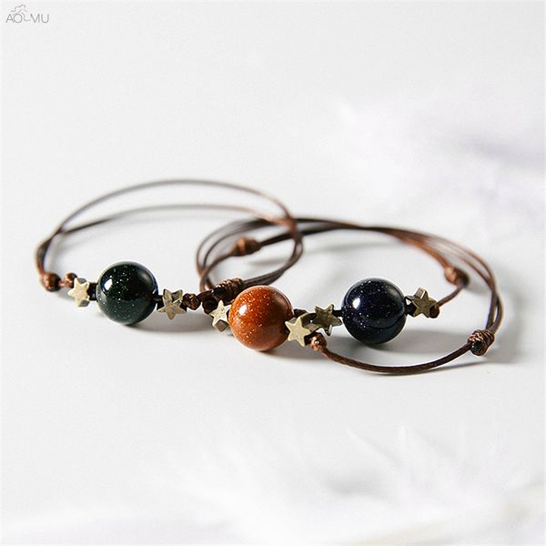 

aomu fashion simple manual blue sandstone star bracelet retro beads adjustable starry sky hand strap for women girl gift jewelry, Golden;silver