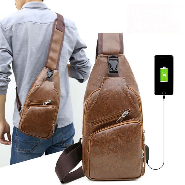 

2019 fashion sport bags men burglarproof black pu chest shoulder bag usb charging crossbody running bags for travel