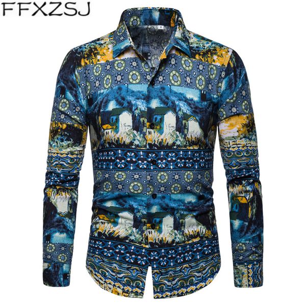 

ffxzsj spring and autumn 2019 new men's long-sleeved casual landscape printed shirt men shirt long sleeve turn-down collar, White;black
