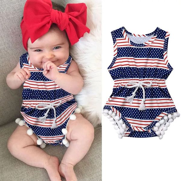 

baby stars striped rompers girl waist o-neck sleeveless rompers american flag independence national day usa 4th july hairball, Blue
