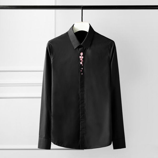 

men shirt luxury plum blossom embroidery long sleeve mens dress shirts fashion casual slim fit shirts man plus size 4xl, White;black