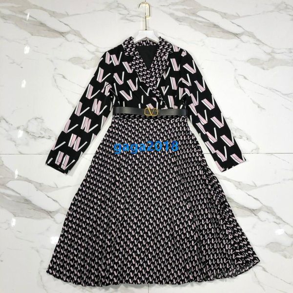 

high end women girls midi shirt dress v-образным вырезом all over vlogo pattern пояс с длинным рукавом a-line юбка взлетно-посадочная полоса, Black