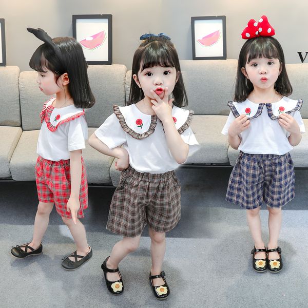 

2020 summer baby girls sets flower collar shirt with plaid shorts, White
