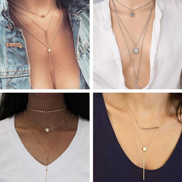 

fresh style multi layer feather star cross heart evil eye chain necklaces & pendants for women birthday gifts jewelry, Golden;silver