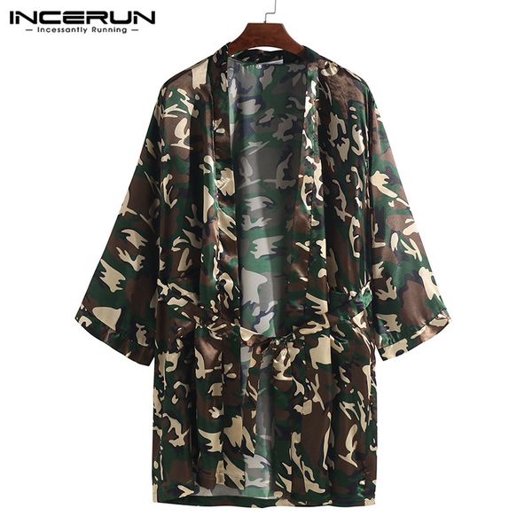 

incerun new 2019 polyester fashion men camouflage nightgown long loose bath robes cardigan personal fashion pajamas, Black;brown