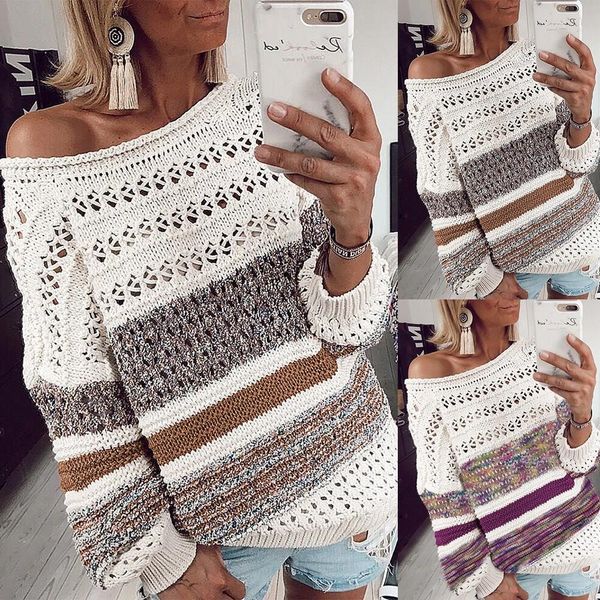

women autumn winter loose o-neck striped sweater casual hollow out pullover lantern sleeve knitted top, White;black