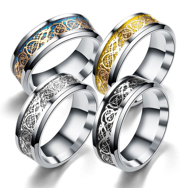 

12 цвет кольца из нержавеющей стали 316l серебро золото черный резной кусок дракона тотем titanium палец кольцо для мужчин женщин ювелирные, Silver