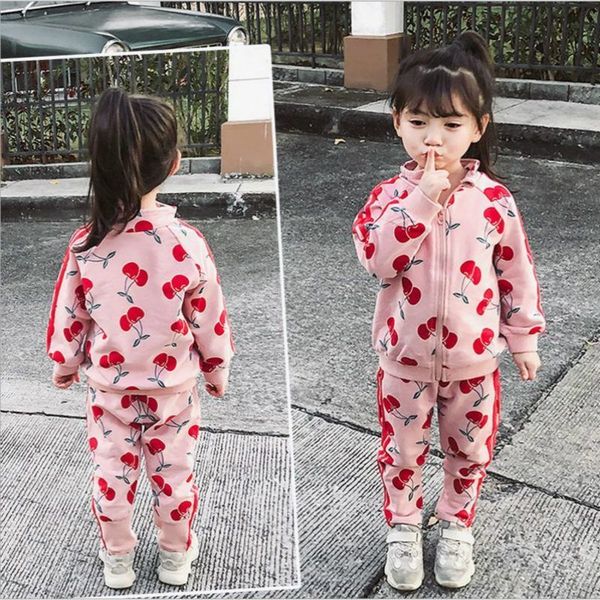 

new clothing set girls clothes jacket cherry zipper kids hoodies pants kids tracksuit for girls clothing sets sport suit spring, White