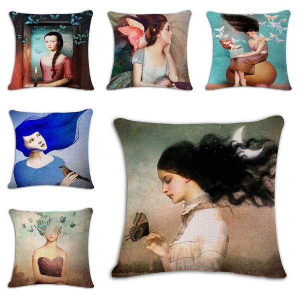 

butterfly girl inbetweening hand cotton flax pillow back cushion