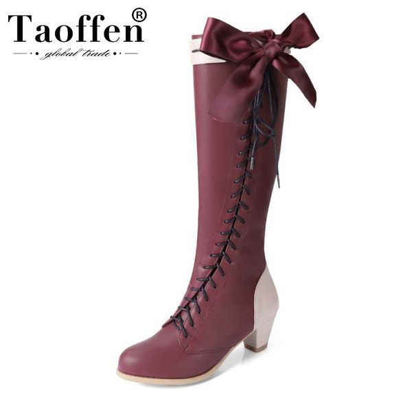 

taoffen women sweet cross strap bowknot knee high boots chunky heels pointed toe fashion winter long boots footwear size 33-45, Black
