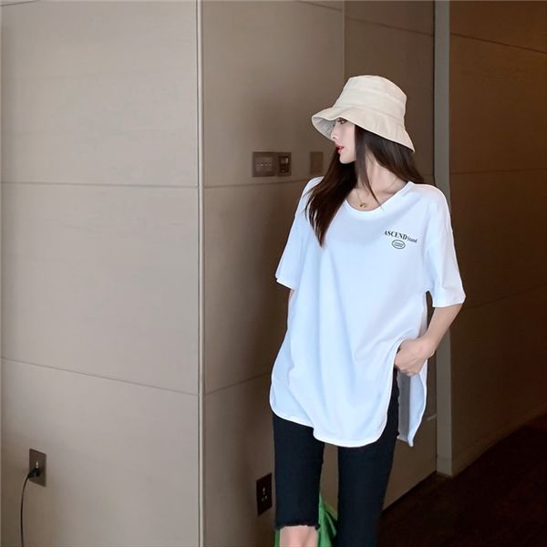 

ins short-sleeved t- female underpants t-shirt underpants letter printed v-neck split loose midi base shirt, White