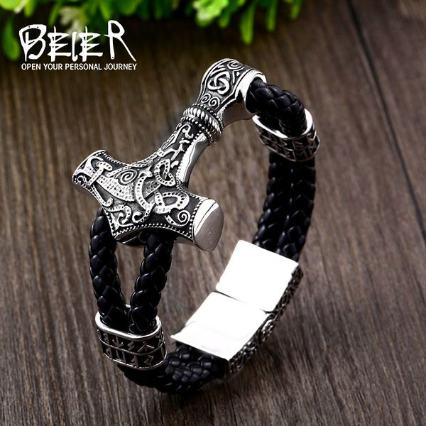 

beier 316l stainless steel nordic viking men's bracelet nevis viking letter stack triangle hammer amulet bracelet llbc-l052l, Black