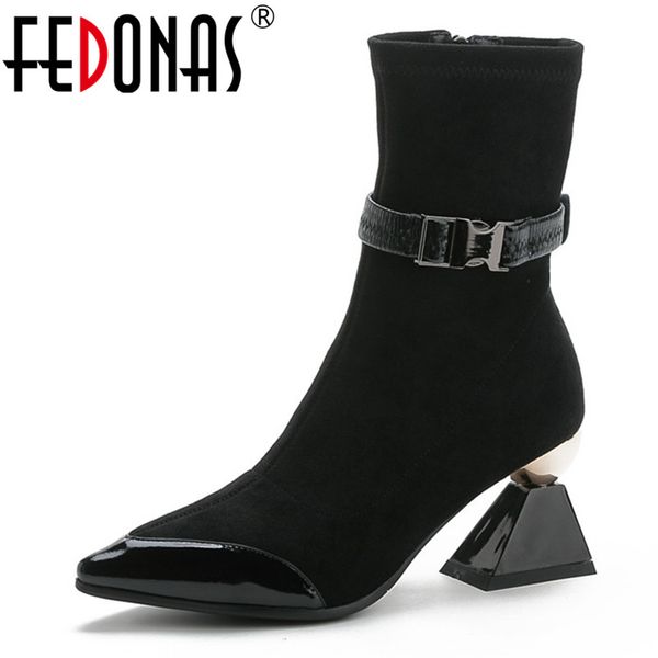 

fedonas brand boots women genuine leather warm winter flock ankle boots female new strange high heeled prom shoes woman, Black