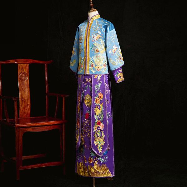 

men blue satin bridegroom wedding suit embroidery dragon vintage toast clothing cheongsam mandarin collar vestidos, Red