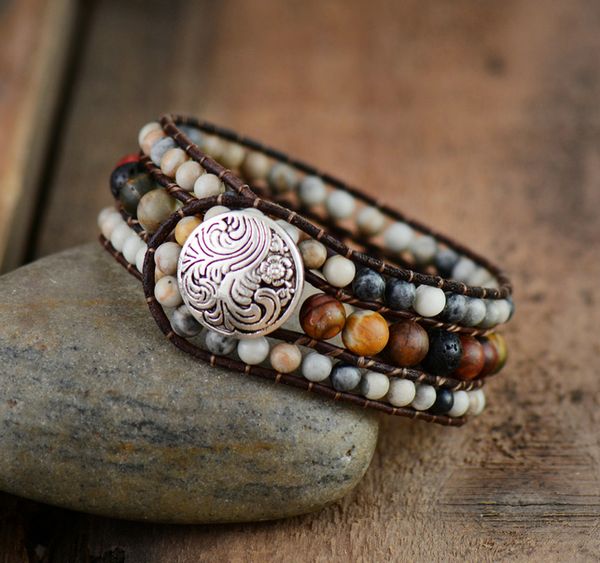 

boho bracelets natural stones lava rock leather cuff bracelet handmade beaded statement bracelet dropshipping, Golden;silver