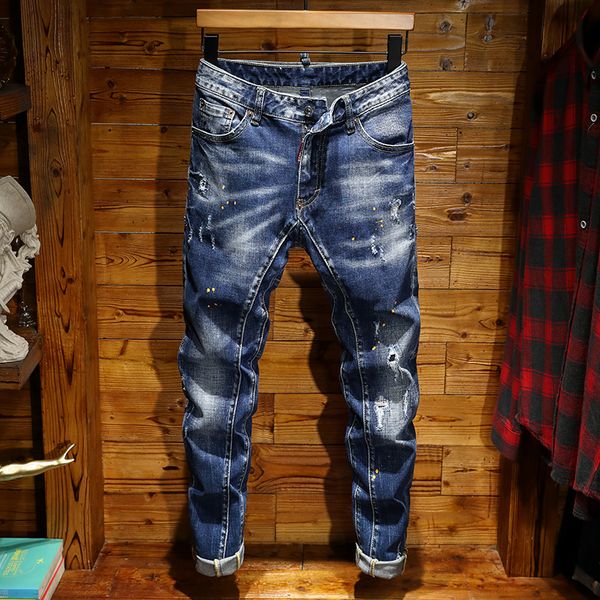 

unique mens distressed badge blue skinny jeans fashion designer slim fit washed motocycle denim pants panelled hip hop biker trousers