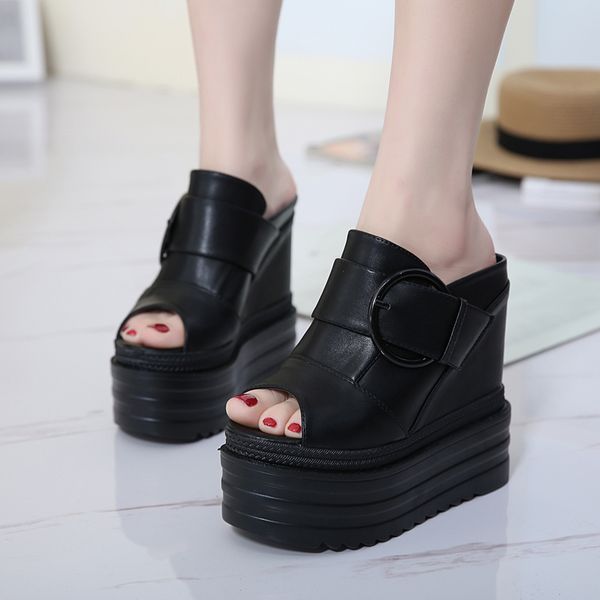 

summer new fish mouth ultra high heel slope with slippers waterproof platform thick bottom muffin women sandals and slipper, Black