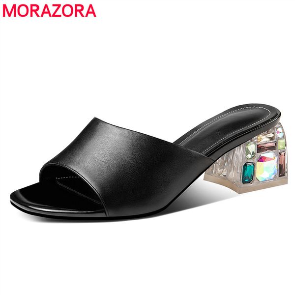 

morazora 2020 new genuine leather shoes woman square high heels rhinestone ladies peep toe party wedding shoes women sandals, Black