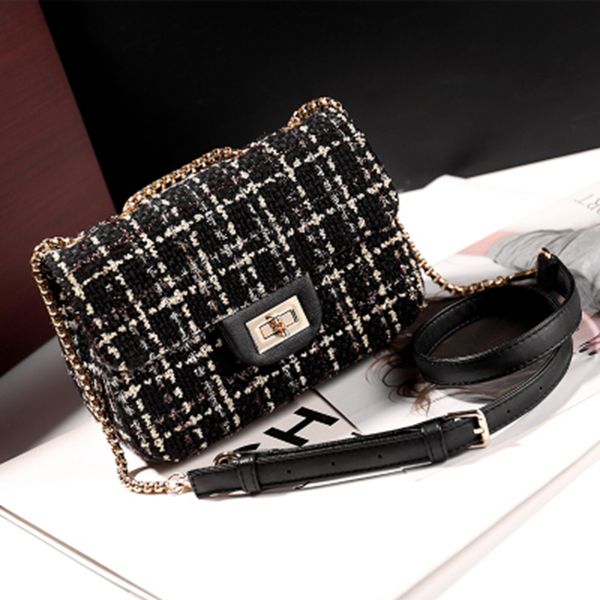 

winter fashion female square messenger bag quality woolen lattice women's handbag ladies chain shoulder crossbody bag