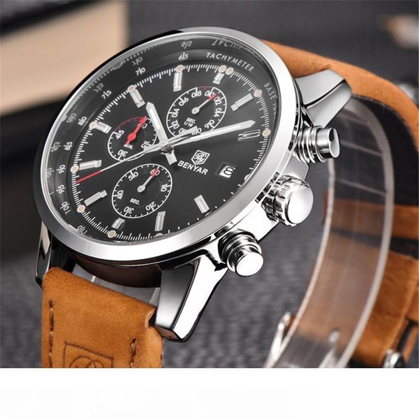

benyar sport brand luxury male leather waterproof chronograph quartz military wrist watch men clock saat mx190725, Slivery;brown