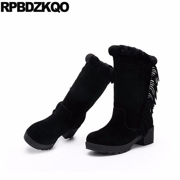 

slip on shoes faux fur black high heel chunky women fringe round toe big size winter snow boots mid calf ladies fashion new