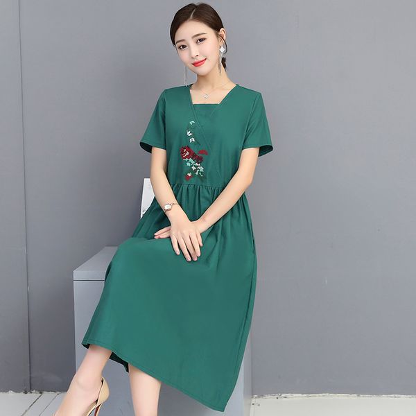 

women vintage embroidered dress casual loose short sleeve cotton linen pregnant dress elegant maxi party dresses robe femme, Black;gray