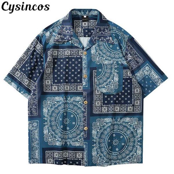 

cysincos casual hawaiian shirt mens summer new fancy printed beach shirts loose short sleeve hawaii shirts male camisa masculina, White;black