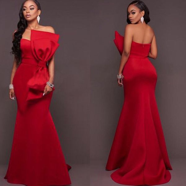 

selling big bow tie bra show back personalized fishtail evening dress, Black;red