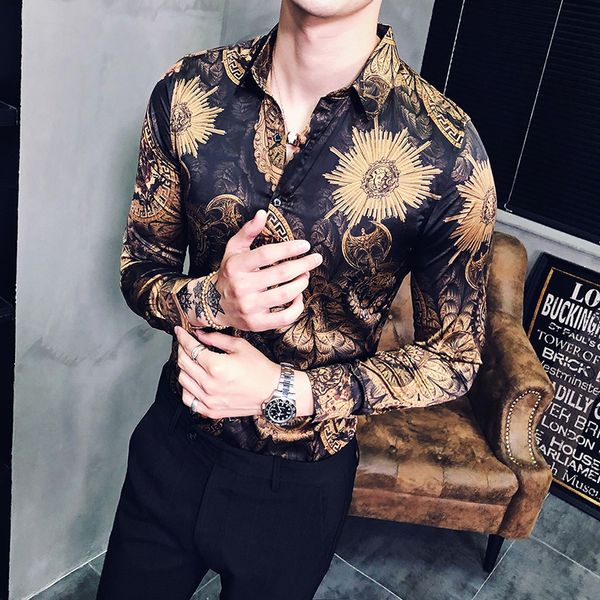 

2019 spring baroque long sleeve slim fit shirt men fashion flower print shirt camisa masculina social club designer, White;black