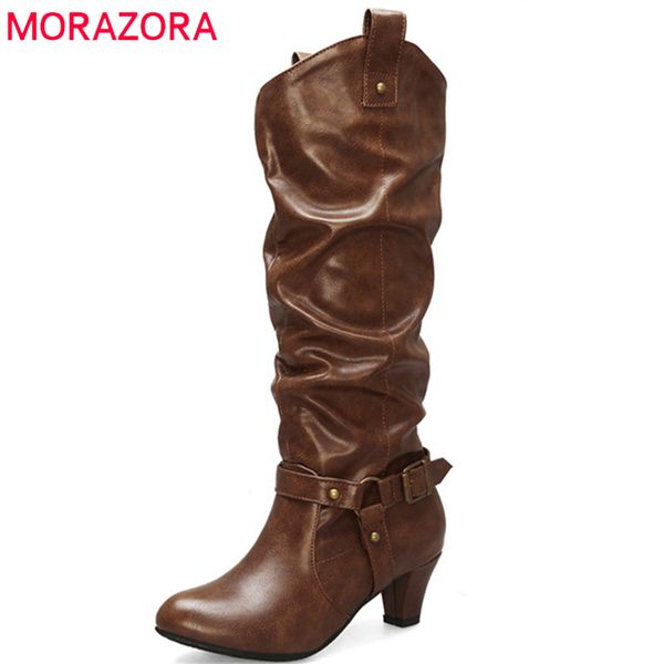 

morazora 202 women knee high boots round toe metal decoration autumn winter boots high heel dress party shoes woman, Black