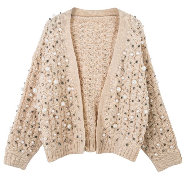 

knitted new women wild cardigan spring autumn fashion heavy pearl beaded thick warm knit cardigan coat women loose knit sweater, White