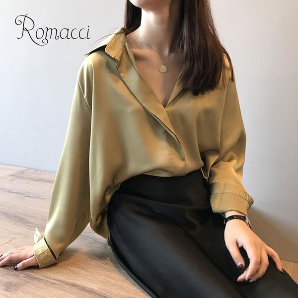 

women elegant loose shirts fashion blouse solid long sleeve turndown collar spring oversized satin blouse vintage casual, White