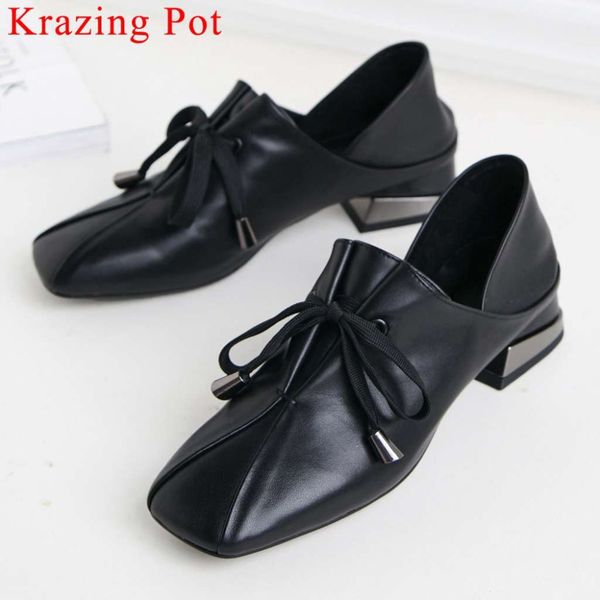 

krazing pot plus size genuine leather low heels lace up classic square toe chunky low heels pumps vintage party casual shoes l86, Black