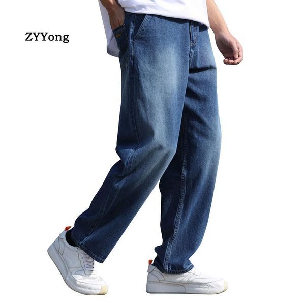 

summer thin section breathable wide leg straight mens jeans harem hip hop denim joggers pants loose baggy skateboard trousers, Blue