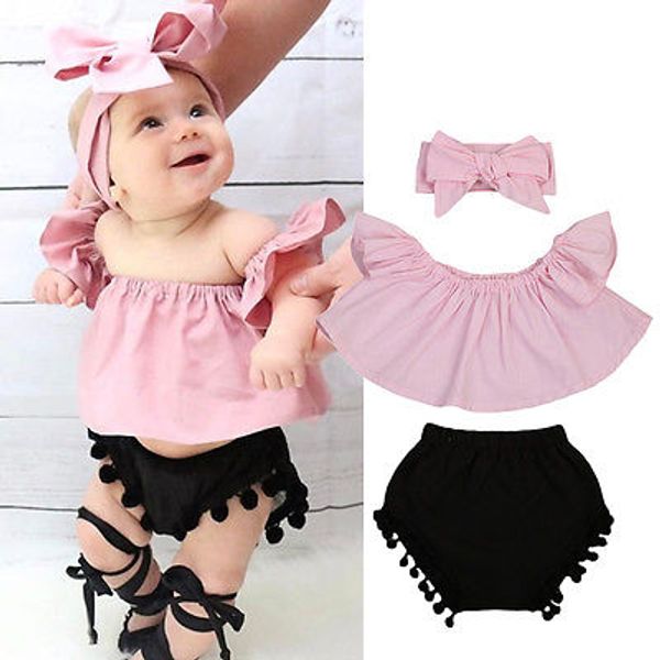 

infant baby girl clothes set off shoulder t-shirt shorts cotton headbands 3pcs clothing baby girls outfits, White