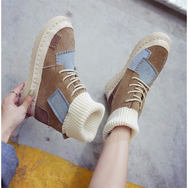 

qwedf autumn winter women's high boots nubuck plus velvet warm walking shoes round toe lace-up student flat boots j1-03