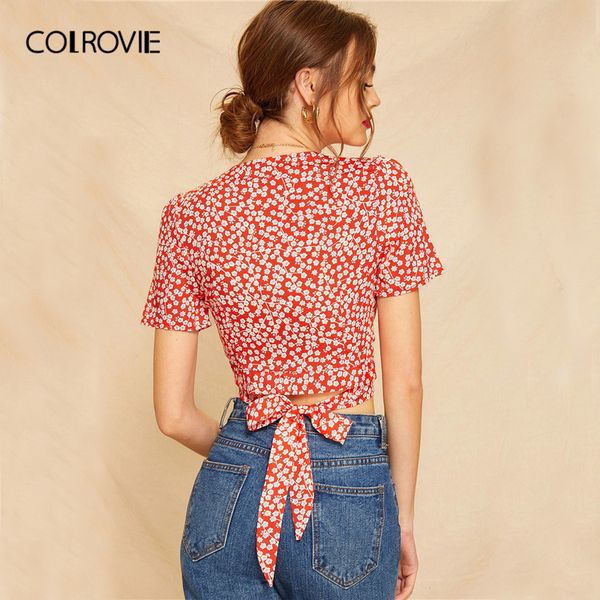

colrovie pink tie back ditsy floral wrap boho blouse shirt women crop summer korean holiday ladies and blouses, White