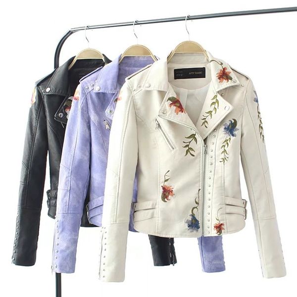 

new 2019 women faux leather jacket floral embroidery motorcycle black punk jacket coat rivet zipper female faux outerwear, Black;brown