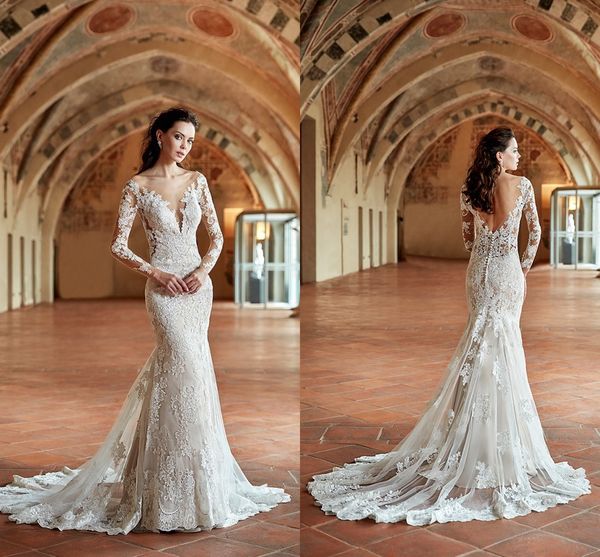 

2019 elegant sheer scoop neckline lace mermaid dresses long sleeves appliqued backless with covered button wedding dresses bridal gowns, White