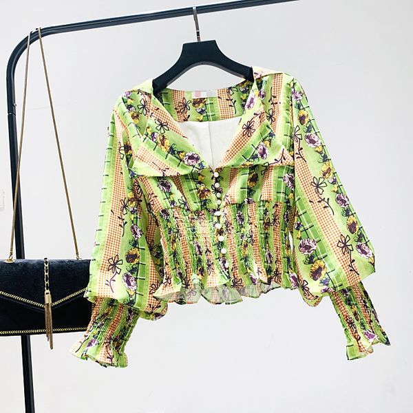 

2020 spring new sense small shirt retro printing lapel waist princess sleeve shirt was thin women's blouse, White