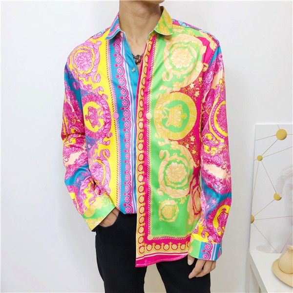 

20ss new fashion men's shirt golden floral print men's dress shirt pattern slim men's medusa casual business shirt clothing, White;black